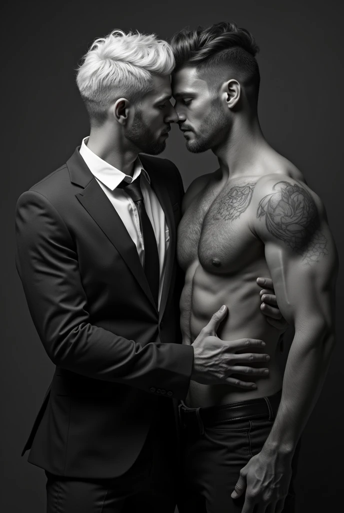 2 man! gay art! handsome Matt Anderson without clothes. Sensual shooting. pleasure. sweaty body . sex. Chest muscles! Chest hair! ((monochrome)), ((grayscale))wearing a suit and tie,tattoo. white hair smoky movie look！