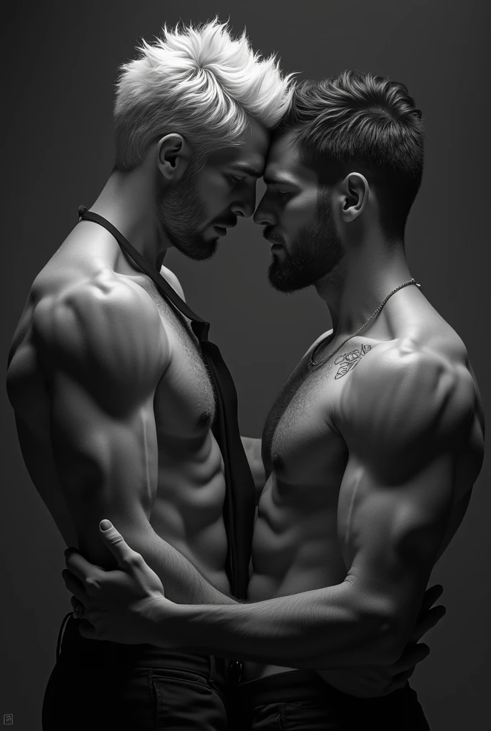2 man! gay art! handsome Matt Anderson without clothes. Sensual shooting. pleasure. sweaty body . . Chest muscles! Chest hair! ((monochrome)), ((grayscale))wearing a suit and tie,tattoo. white hair smoky movie look!