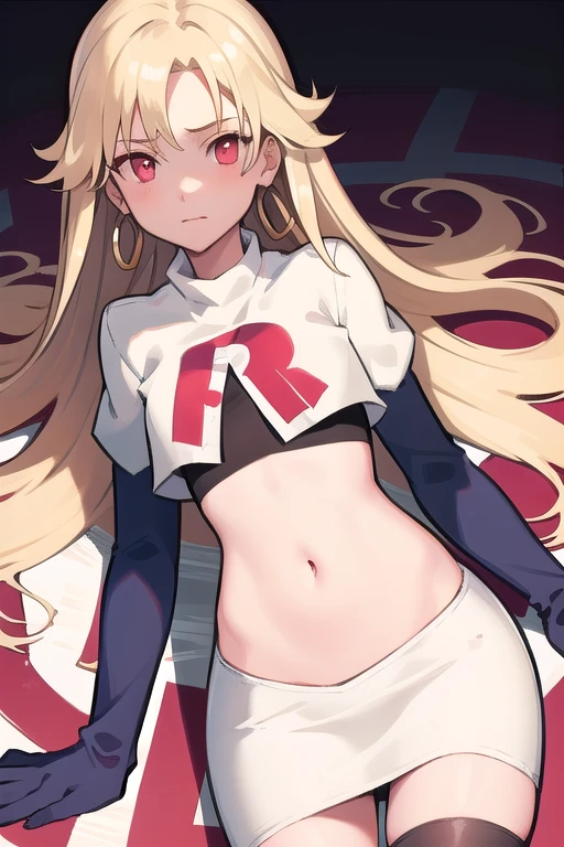 best quality, (masterpiece:1.2), illustration, absurdres,
(1girl, solo), (beautiful detailed girl), (cowboy shot),,
Roselia Millstein, blond hair, very long hair, red eyes, flat chest,
earrings, team rocket,team rocket uniform,white skirt,red letter R,crop top,black thigh-highs,black elbow gloves,