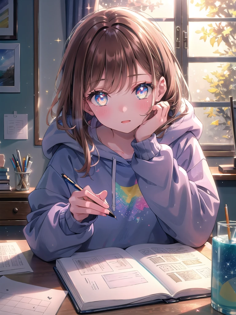 ((8k, Highest quality, masterpiece: 1.3)),Ultra-high resolution,(1 girl, alone), (Color changing eyes, Ultra-detailed, Expressive brilliance, Glitter, Glowing Eyes), Highly detailed eyes, Highly detailed face, Random Hair, ((pastel colour))A young girl with straight, dark brown hair sits at her desk in her room, sketching in a notebook. She’s wearing a comfortable hoodie and jeans, perfect for a quiet evening at home. Her expression is one of deep concentration as she carefully draws, her pencil moving smoothly across the paper. The desk is cluttered with art supplies—pencils, erasers, a ruler, and a few scattered sketches. The room is softly lit by a desk lamp, and the walls are adorned with her artwork, giving the space a creative and personal touch. A window nearby lets in the last light of the day, casting a soft, natural glow over her workspace.