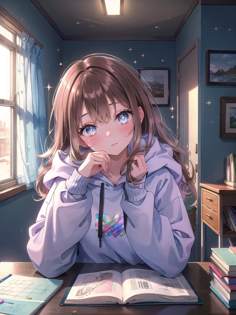 ((8k, Highest quality, masterpiece: 1.3)),Ultra-high resolution,(1 girl, alone), (Color changing eyes, Ultra-detailed, Expressive brilliance, Glitter, Glowing Eyes), Highly detailed eyes, Highly detailed face, Random Hair, ((pastel colour))A young girl with straight, dark brown hair sits at her desk in her room, sketching in a notebook. She’s wearing a comfortable hoodie and jeans, perfect for a quiet evening at home. Her expression is one of deep concentration as she carefully draws, her pencil moving smoothly across the paper. The desk is cluttered with art supplies—pencils, erasers, a ruler, and a few scattered sketches. The room is softly lit by a desk lamp, and the walls are adorned with her artwork, giving the space a creative and personal touch. A window nearby lets in the last light of the day, casting a soft, natural glow over her workspace.