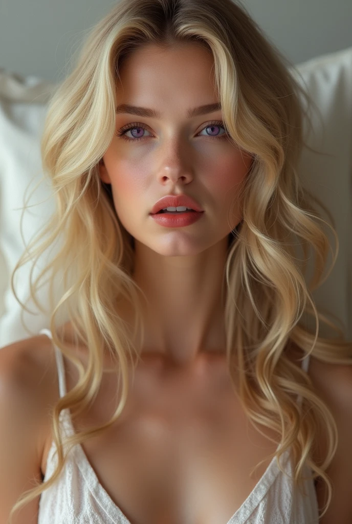 Create an image of a beautiful blonde woman with long, full hair, violet eyes, full lips and she is very sensual