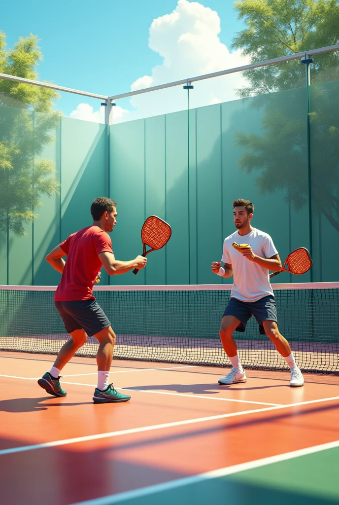 I want a glass padel court where a pair of players can appear, where in one of their hands they will have a hot dog and in the other hand a paddle tennis racket.  The image must be super realistic 