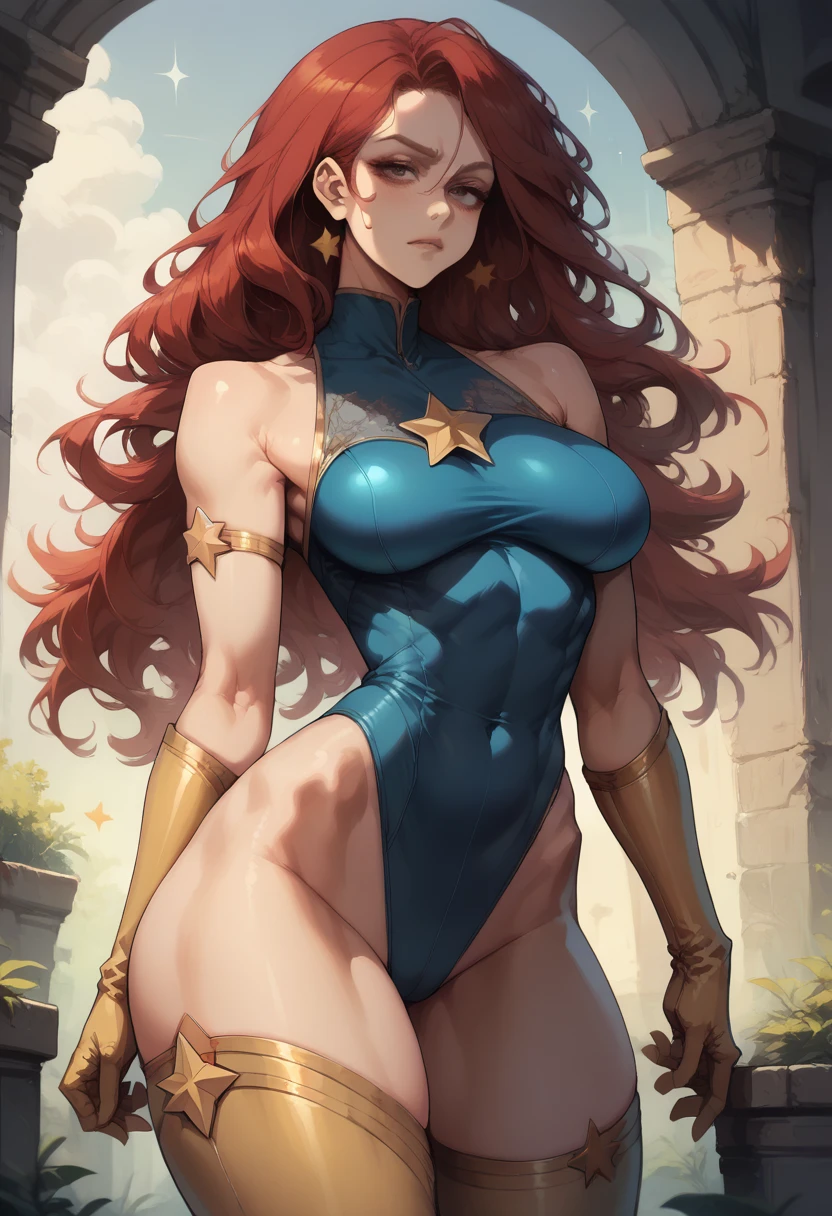 Sexy,Superheroine, Red hair, long hair, busty, ((blue highleg leotard with a t-back thong and a gold star insignia on chest)), gold boots, gold gloves