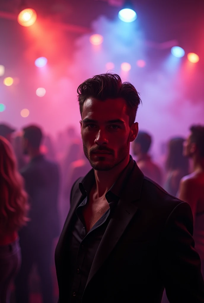 Very handsome man at the clubs, perfect lightings, smokey rooms, so many man and girls dancing and loughting, depth of field, first-person view, f/1.8, 135mm, Nikon, UHD, retina, masterpiece, ccurate, anatomically correct, textured skin, super detail, high details, high quality, best quality, highres, 1080P, HD, 4K, 8k