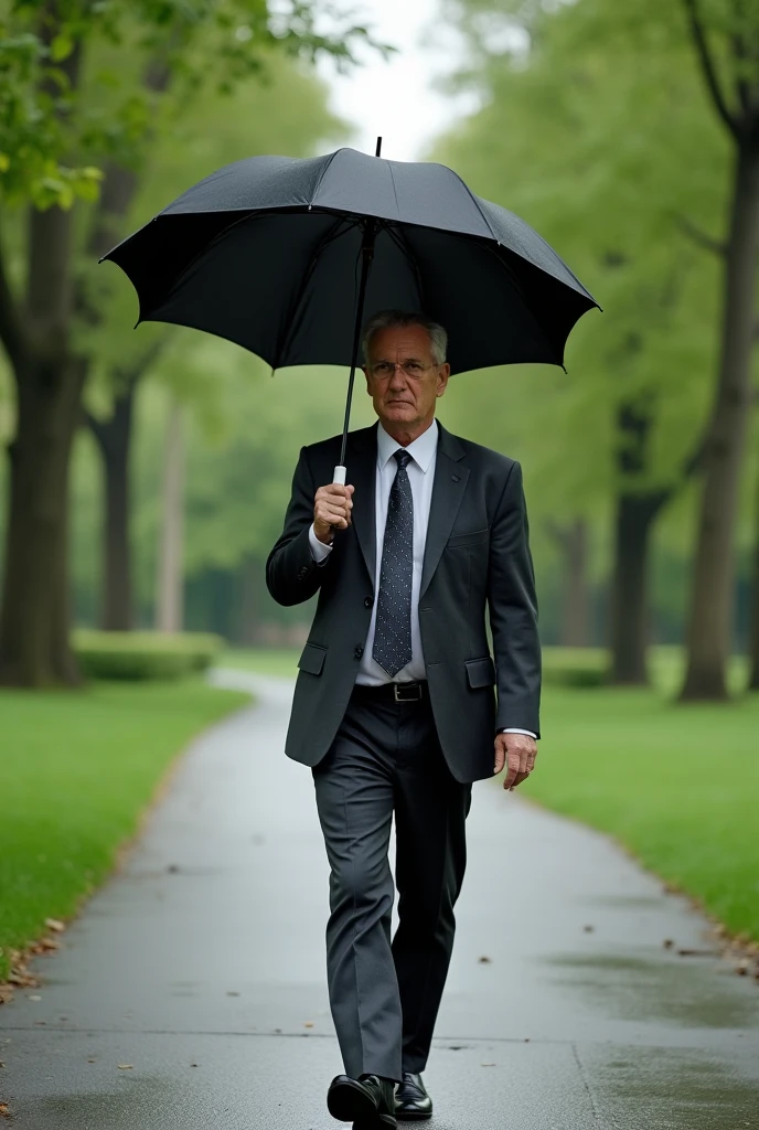 Realistic photography style,High angle full body shots,Middle-aged man in suit walking in the park holding an open black umbrella。