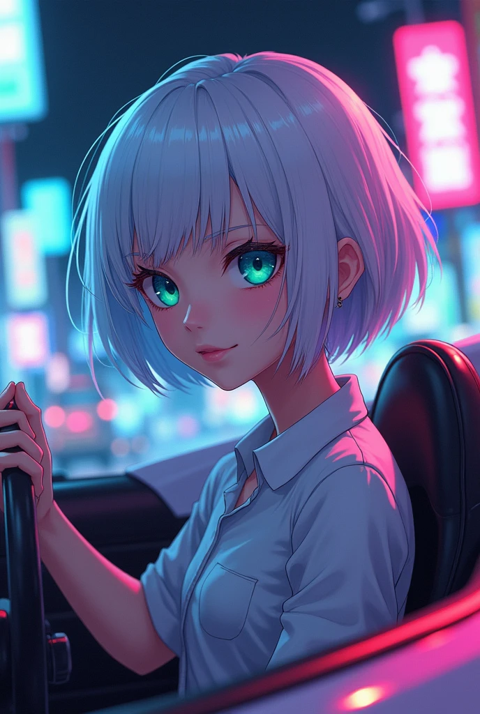 anime style, young adult woman, with blue right eye and green left eye, short white hair.
Driving a sports car.
side view.
neon lights.