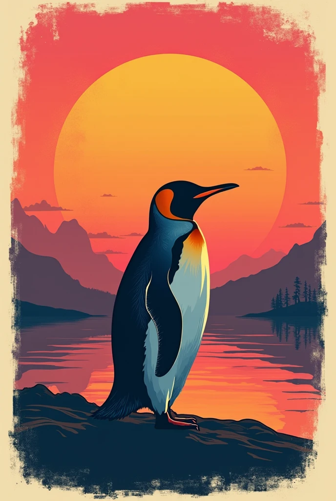 vintage sunset vector t-shirt design of penguin with a black background