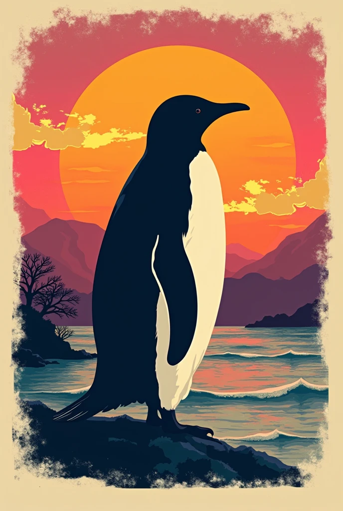 vintage sunset vector t-shirt design of penguin with a black background