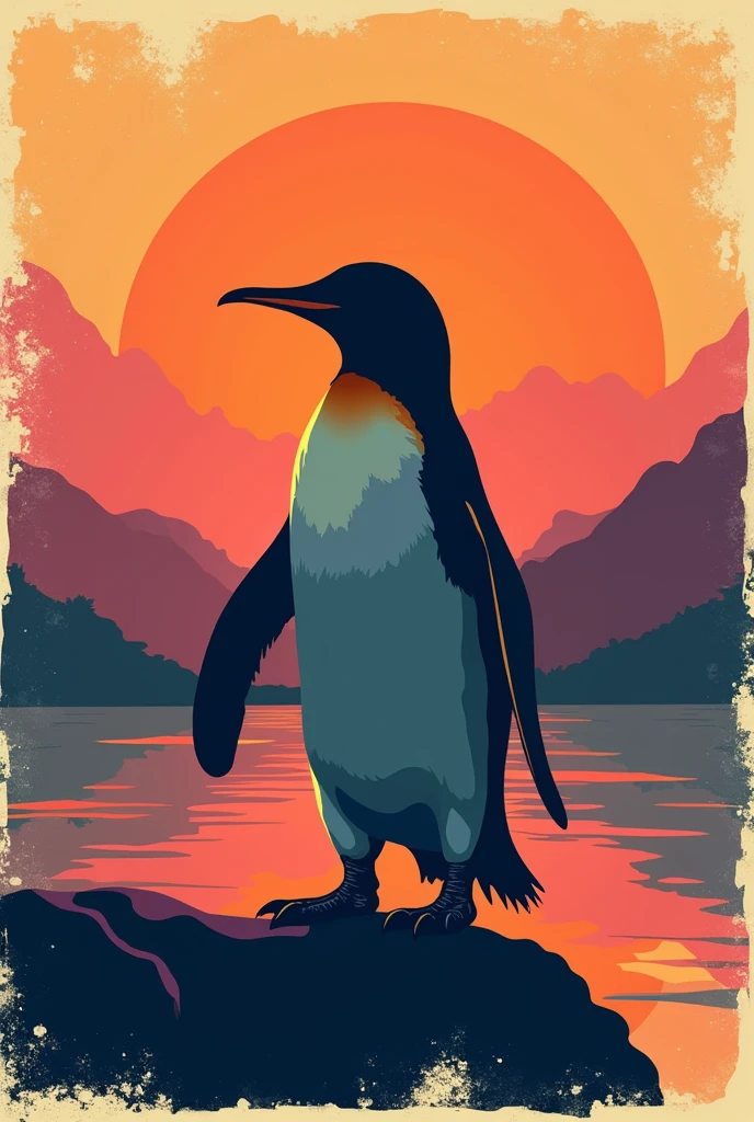 vintage sunset vector t-shirt design of penguin with a black background