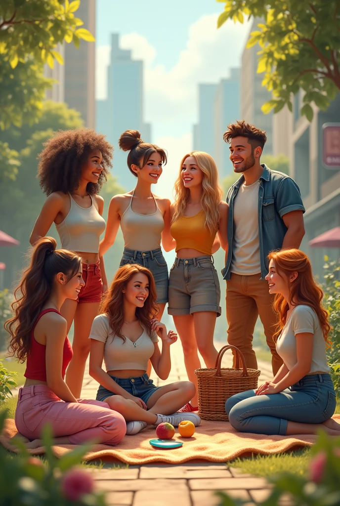 Make a pic of 6 friends where 4 are girls and 2 are boys one boy ni fat and one is tall