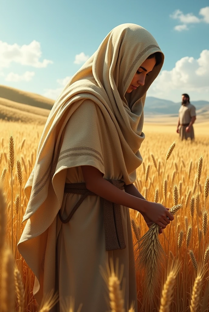Generate realistic images where Ruth the Moabite was working collecting wheat with her hair covered by the blanket of the time. While Boaz watches them work from a distance