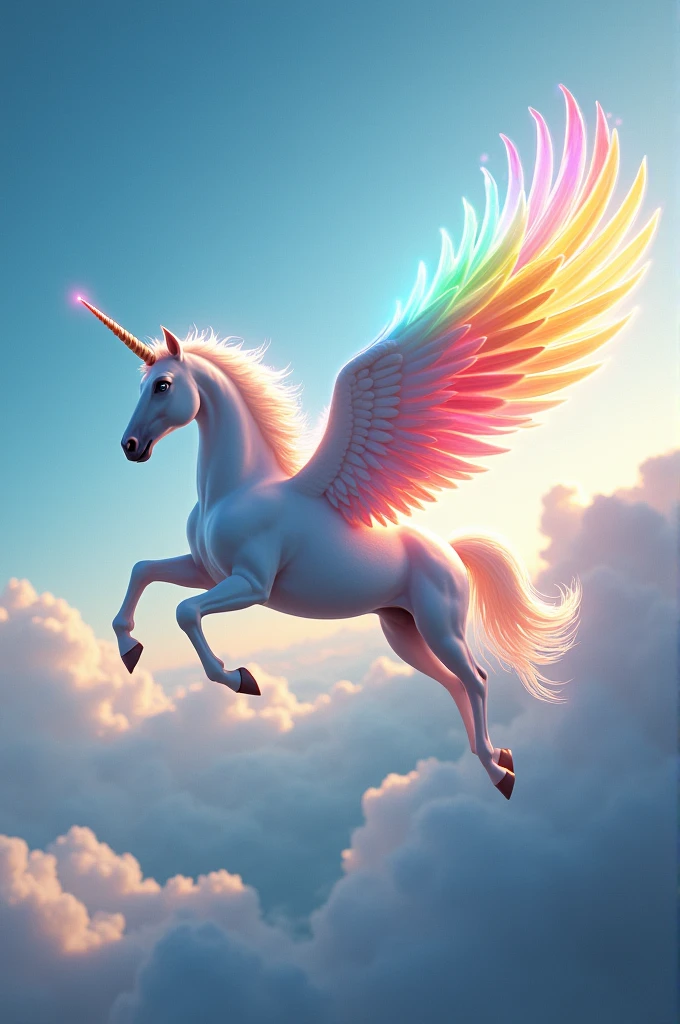 A winged unicorn, While flying, the colors of the rainbow come out from its wings