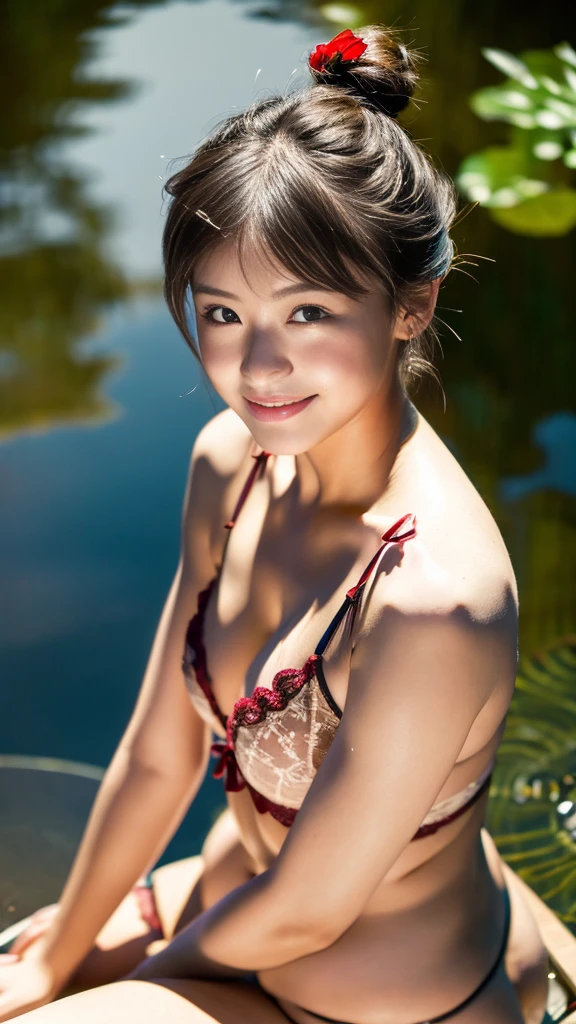 Masterpiece, 8K, 1girl, 1, cute, kawaii, baby face, sitting , smirk, ((hair Messy Bun)), Young Sensual Gravure Idol, Surreal, Provocative,((Beautiful Skin)),((Skin Texture)),((Real Touch)), healthy, unreddish skin, Observe the audience, lingerie, dim lighting, pond