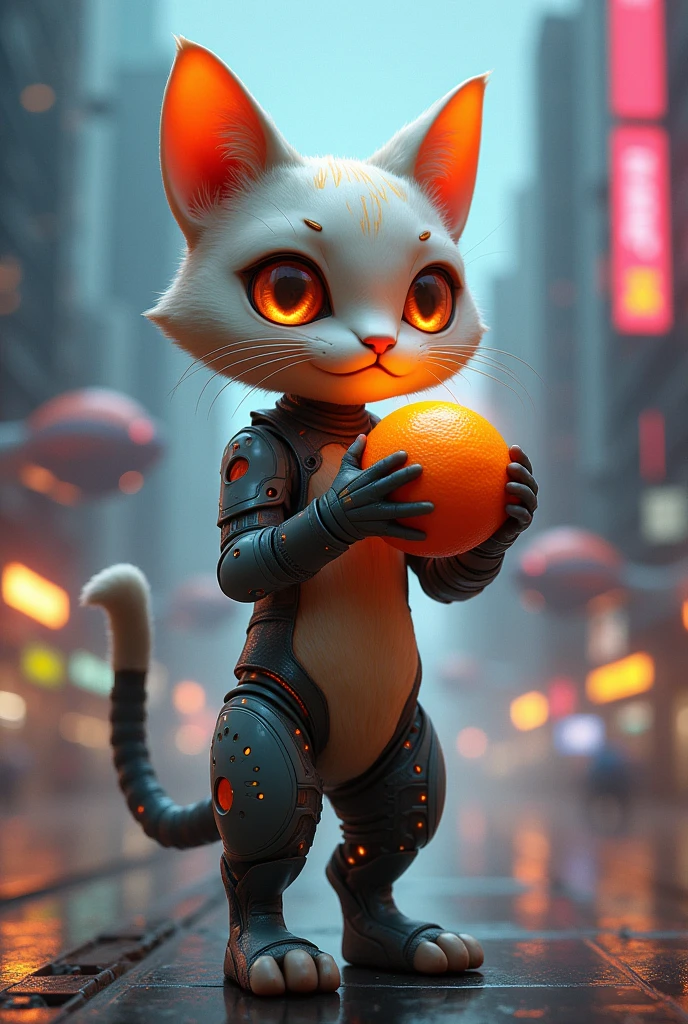 Cat from the future saying tangerine with a tangerine in his paw
