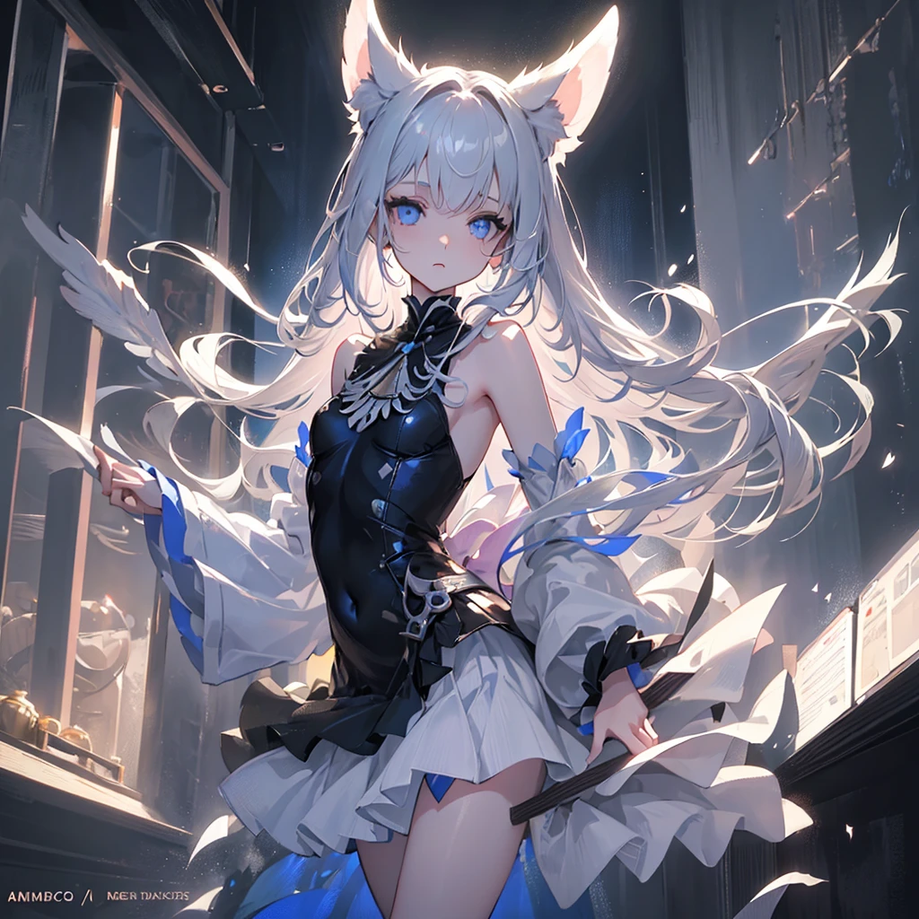 silver hair, dog ears, white dress,wavy hair,delicate features quiet gaze,beautiful half body illustration,beautiful backgraund,atmospheric lighting,sharp focus,vlumetric lighting,cute face,reduce saturation,fine detailed face,small nose and mouth,volumetric top lighting,bold line painting, soft shadow,((masterpiece, best quality)), (1girl), (solo), (female focus),small breasts,flat tits,****ta,short height,skinny girl,blue eyes,open legs,animal ears,
