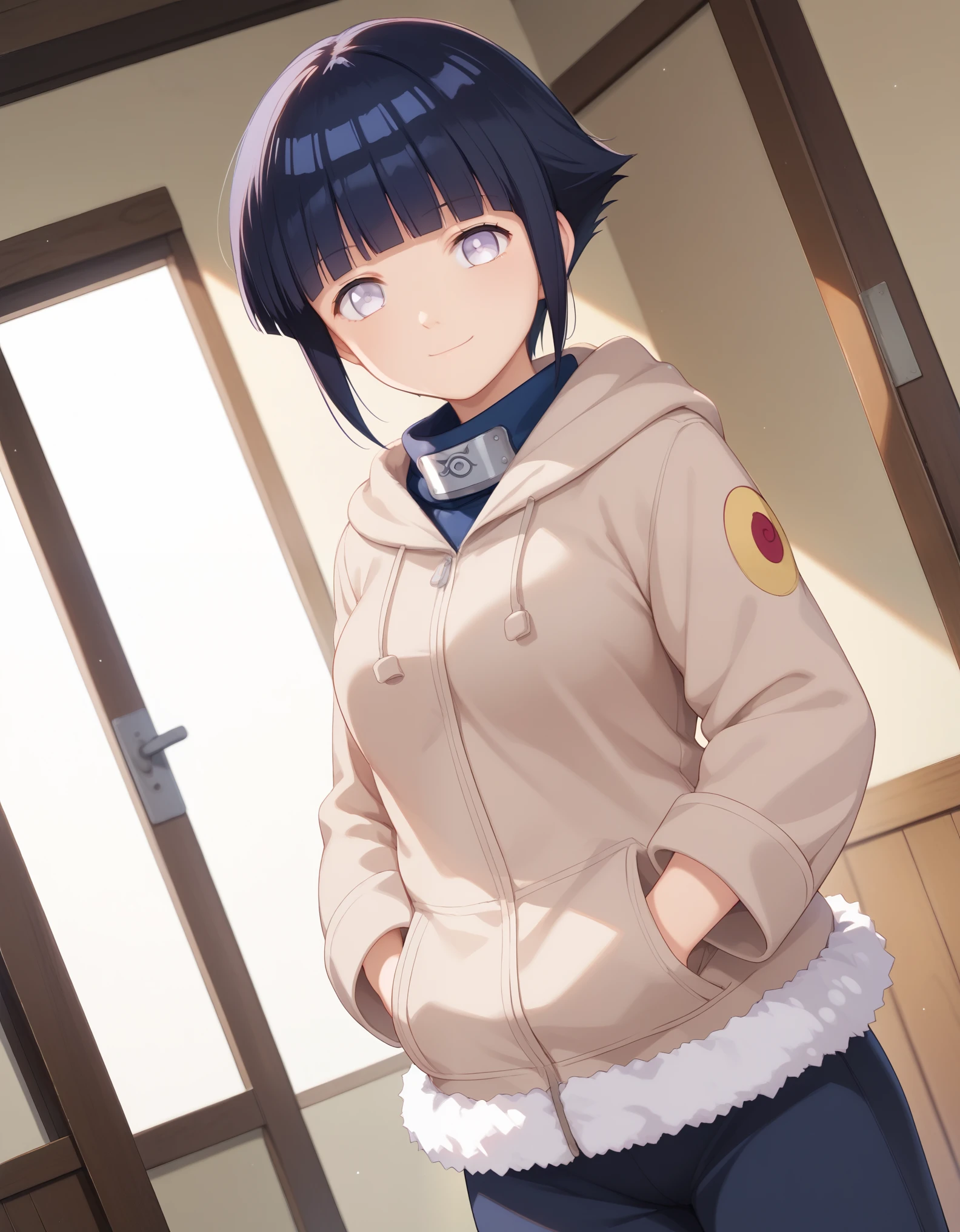 score_9, score_8_up, score_7_up, source_anime, hinata hyuga, short hair, white eyes, bangs, blunt bangs, medium breasts,, long sleeves, pants, hood, konohagakure symbol, fur trim, jacket,, indoors, smile, looking at viewer, solo,, cowboy shot, dutch angle