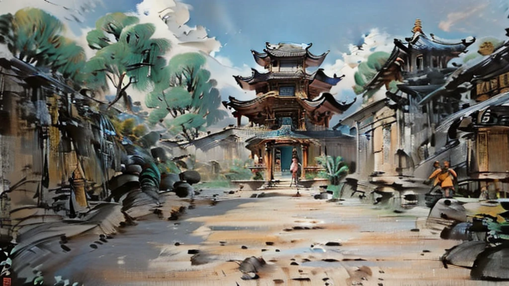 中国Ink画,  masterpiece , best quality, Ink画，Guo Chao，Ink，（Xianxia scene，Fantasy fairyland scene，Pavilions，architecture具有东南亚特色，cloud雾缭绕：1.5），outdoor，Sky，daytime，cloud，Tree，Blue sky，nobody，window，plant，architecture，landscape，lantern，stairs，Potted plants，architecture，东亚architecture，landscape