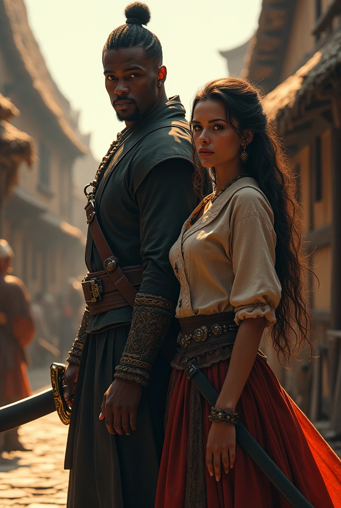 A role-playing woman, dark-skinned man with katana in a medieval village 