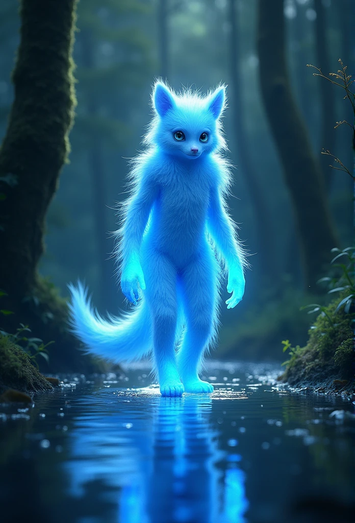Its exterior is covered in bright blue fur.,Long tail,((translucent humanoid)),The body glows,Walking on water and reflecting,Weeds in the forest,Light and shadow effects,A wonderful sight,