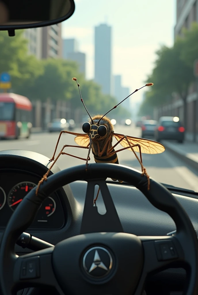 An Aedes aegypti mosquito driving a car