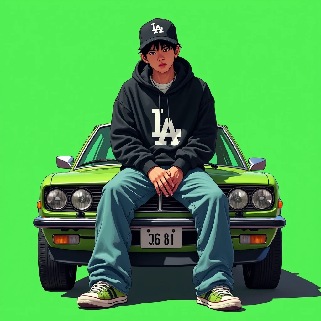 Image of a man sitting on the bonnet of a car, Yoshihiko Wada&#39;s album cover, winner of the behance contest, Doodle, official artwork, rap album cover, hip - hop album art cover, colored album art, hip hop music album cover, rap album cover art, official fanart, GTA Cover, hip hop album cover, album art cover, G-FUNK Hip Hop album cover, green background, green car, with the words 'If WONA behemes a gangster' on the back of the picture, an Asian teenager wearing a black LA hoodie, a black LA ball cap with a deep press and a wide pair of jeans down, a troublemaker boy sits on the bonnet of a car and lets the car out to the side