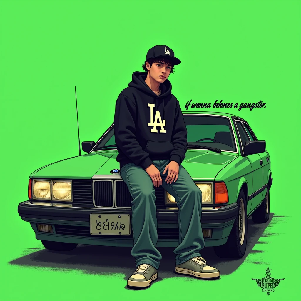 Image of a man sitting on the bonnet of a car, Yoshihiko Wada's album cover, winner of the behance contest, Doodle, official artwork, rap album cover, hip - hop album art cover, colored album art, hip hop music album cover, rap album cover art, official fanart, GTA Cover, hip hop album cover, album art cover, G-FUNK Hip Hop album cover, green background, green car, with the words 'If WONA behemes a gangster' on the back of the picture, an Asian teenager wearing a black LA hoodie, a black LA ball cap with a deep press and a wide pair of jeans down, a troublemaker boy sits on the bonnet of a car and lets the car out to the side
