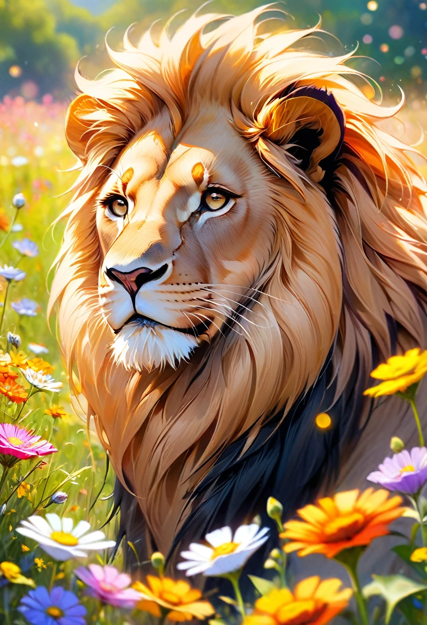 (Happy lion,Looking forward to sunny days,wild flowers field,Like a dream,Rule of Thirds,Composition),(Oil or pastel painting,Very detailed,professional,Vibrant colors,Clear focus,Bokeh),(portrait,landscape),(Warm colors,Natural light)