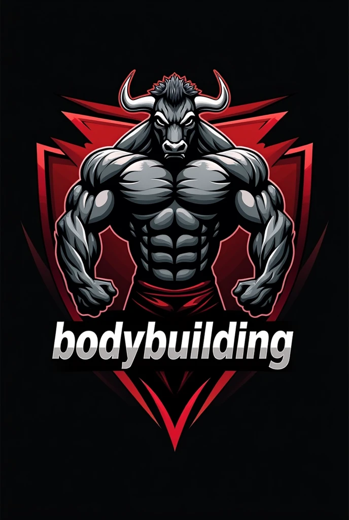 Design a powerful and dynamic logo for a bodybuilding brand featuring a strong, muscular bull as the central figure, symbolizing strength, power, and determination. The bull should have well-defined muscles, with a stance that conveys energy and dominance, embodying the essence of bodybuilding. Use sharp, angular lines to emphasize the bull's muscular build and add a sense of intensity. Incorporate bold, dark tones like black, deep red, or metallic gray to create a fierce and commanding presence. The logo should include the word 'bodybuilding' in a bold, modern font that complements the aggressive and energetic vibe of the design.