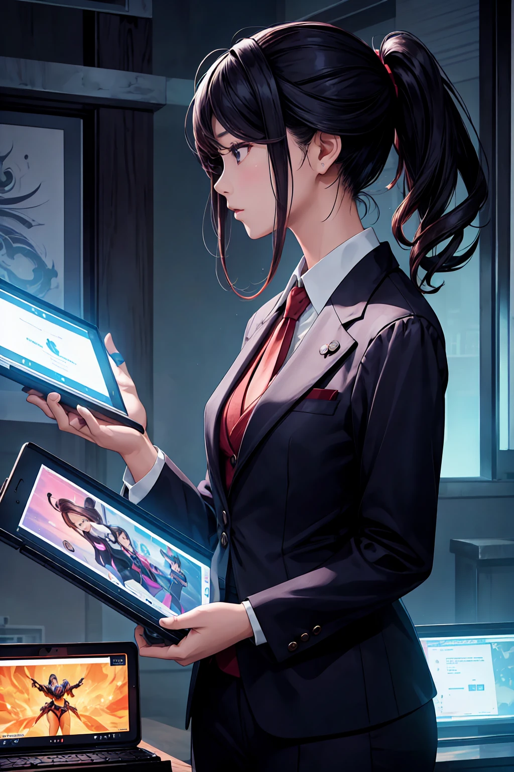 Woman in suit using tablet computer in room, work, San Yun-ju, Live-action movie stills, Park Shin Hye plays a super villain, Full Device, With the magic tablet, Super villain IU Lee Ji-eun, Profile Pose, [ Realistic photos ]!!, Shin Min-jung, Serious Work, sloth, Elegant appearance