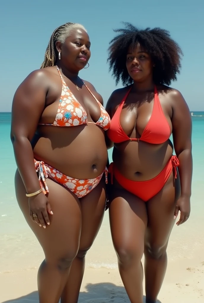 Two fat black women in bikinis, but one is a grandmother and the other is a milf and they have a big ass and huge tits.