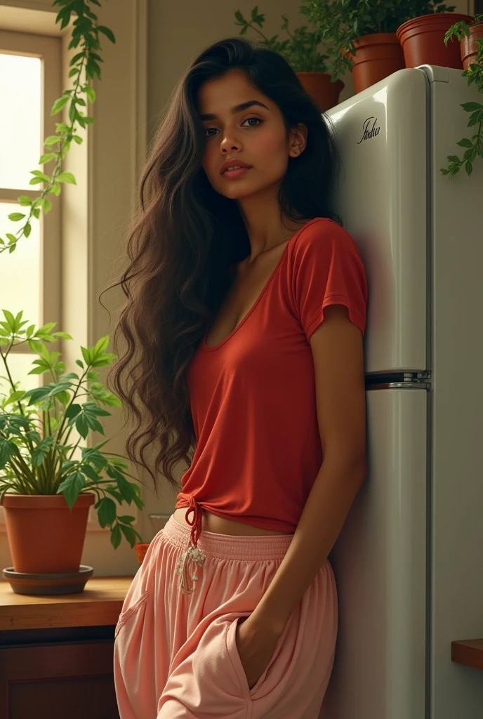 (photorealism:1.2), beautiful woman, standing beside refrigerator , wearing red top, pajama pants, long hair, indoors, soft lighting, plants in background, window with sunlight, cozy kitchen, relaxed pose, realistic, intricate details, warm colors, by Greg Rutkowski, by Alphonse Mucha, but she should be Indian descendant