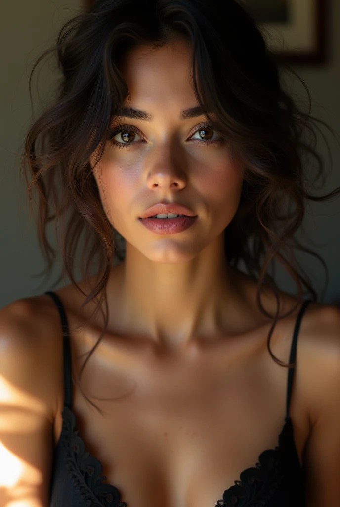 Detailed and realistic portrait of a beautiful Latina girl with, round eyes, tenebrosa, messy hair taken out, looking at the camera, Chapped lips, soft smiling, soft natural lighting, portrait photography, magic photography, dramatic lighting , Photographic realism, ultra detaild, 1/2 shots to the body, (niplip_hard:1.3), (sliding pine:1.3), from front view, whole body, camel toe , tirando uma selfie para seu perfil no Instagram usando um vestido preto lindo