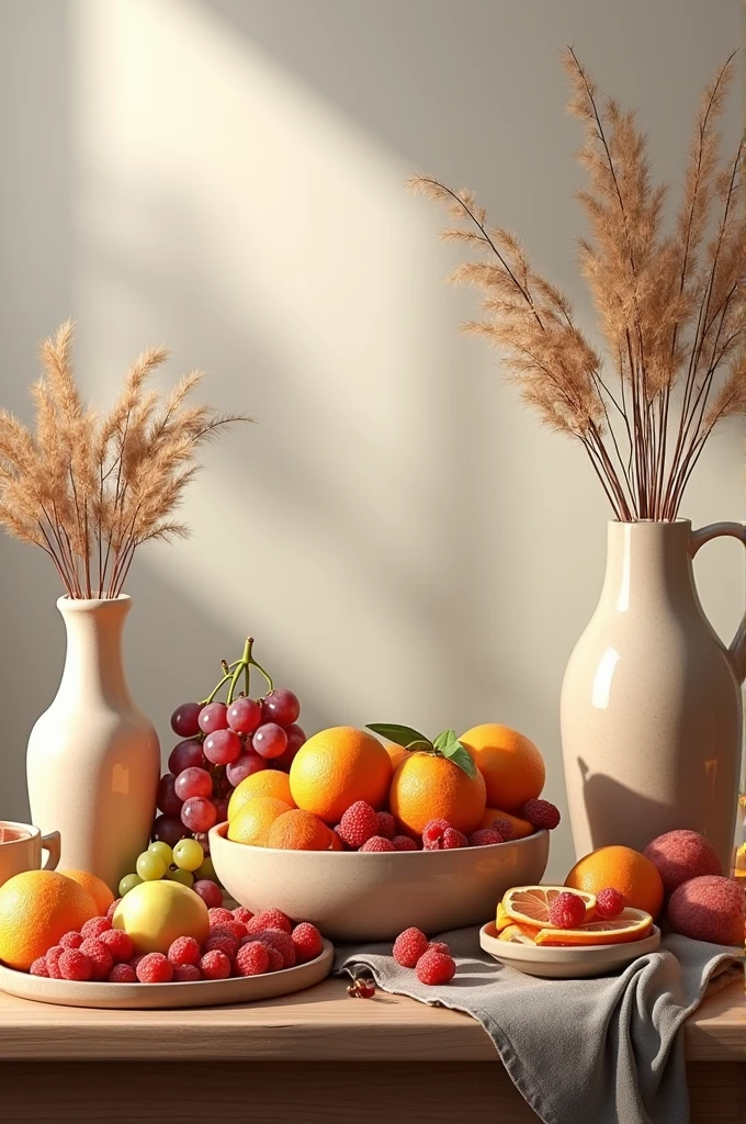 I want food and fruits placed on the table and there are cups, vases, bowls placed in 3D and with realistic distance.