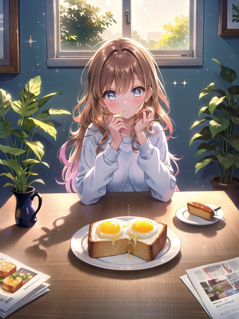 ((8k, Highest quality, masterpiece: 1.3)),Ultra-high resolution,(1 girl, alone), (Color changing eyes, Ultra-detailed, Expressive brilliance, Glitter, Glowing Eyes), Highly detailed eyes, Highly detailed face, Random Hair, ((pastel colour))A young girl with long, wavy brown hair sits at the kitchen table, enjoying a simple breakfast. She’s dressed in a casual outfit—a light sweater and leggings, comfortable for a relaxing morning at home. Her expression is peaceful as she sips her orange juice, a plate of toast and eggs in front of her. The kitchen is bright and airy, with sunlight streaming in through the window and a few potted plants adding a touch of greenery. The table is set with a simple placemat, and a newspaper lies open beside her plate. The room is quiet, with only the sound of the clock ticking and the occasional clink of silverware as she eats.