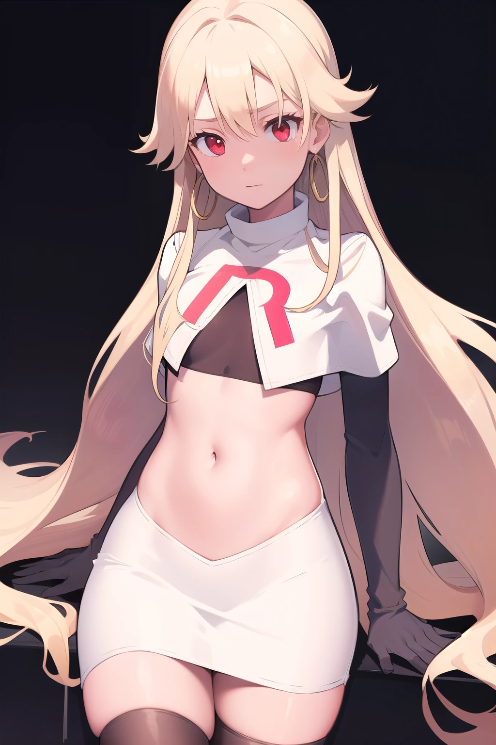 best quality, (masterpiece:1.2), illustration, absurdres,
(1girl, solo), (beautiful detailed girl), (cowboy shot),,
Roselia Millstein, blond hair, very long hair, red eyes, flat chest,
earrings, team rocket,team rocket uniform,white skirt,red letter R,crop top,black thigh-highs,black elbow gloves,