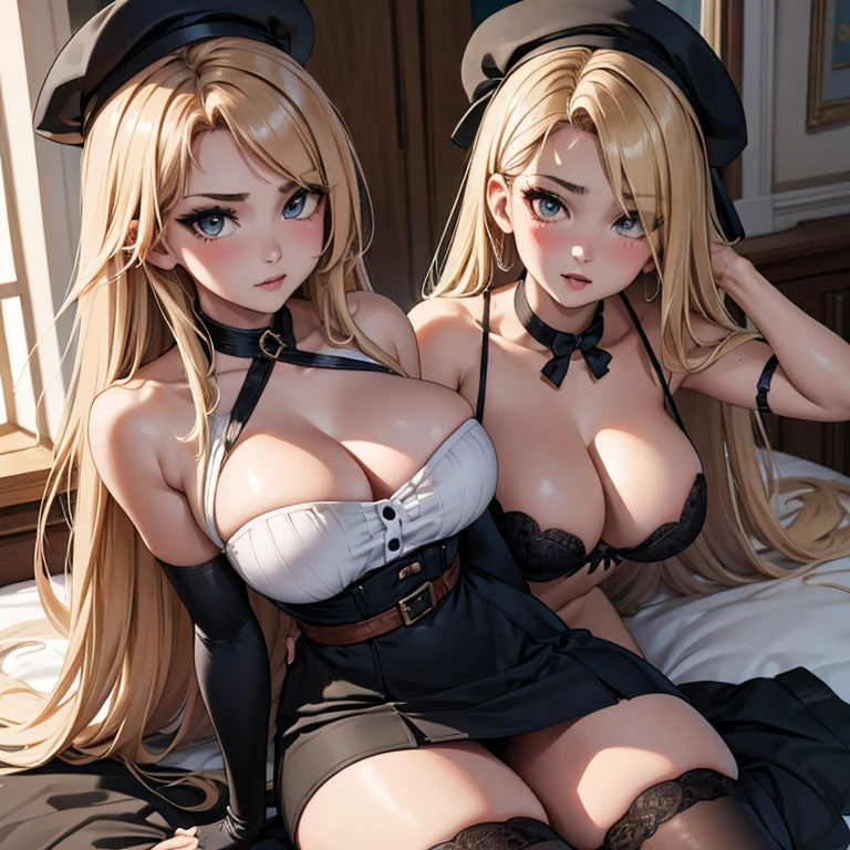 lying face down on the bed, (masterpiece, best quality:1.4), absurdres, highres, ultra detailed, beautiful, (secretary), (perfect face, detailed face, beautiful:1.3),(natural breasts, cleavage), collarbone, fingerless gloves, gloves,spaghetti strap top, black pencil skirt, tight, over the knee skirt, hat, elegant secretary outfit, thighhighs, thick thighs, thighs, multiple belts, More detailed 8K.motor irreal:1.4,UHD,La mejor calidad:1.4, fotorrealista:1.4, textura de la piel:1.4, obra maestra:1.8,obra-prima, mejor calidad,objeto Objeto], (detailed face features:1.3),(manos detailed)