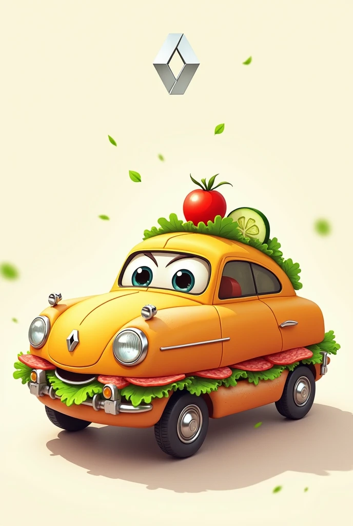Cartoon of a Renault car in the shape of a sandwich using baguette bread with lettuce filling, salami, tomato and cucumber.
