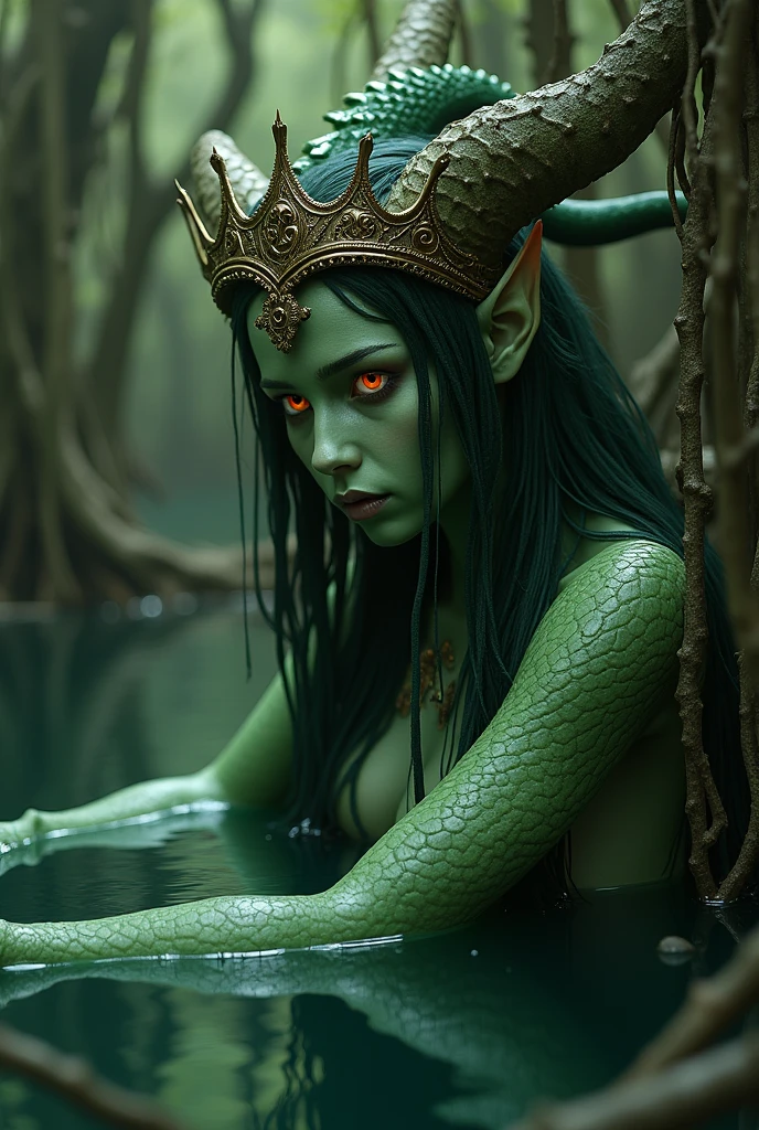 A green woman with orange eyes looking down in sadness ,wearing a witch queen crown,with body half in water in a swamp lake, a strange looking woman body with tree roots in a dark swamp,
Body with green reptilian appearance, elf ears,
(Fotorrealisitic), (High 4K resolution, 8k) High Definition Painting, (sharp focus, realisitic),
