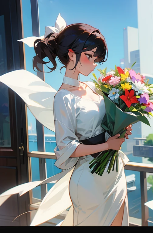 Cool women、sexy、holding a bouquet of flowers in both hands、