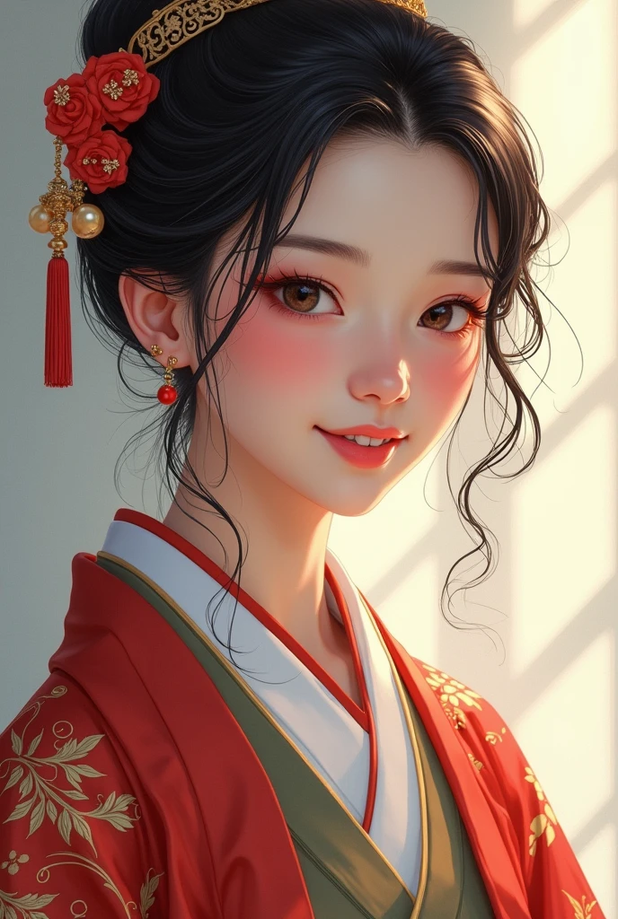 A beautiful Tibetan woman wearing a traditional Japanese dress and showing her white teeth、Beautiful illustrations created by SeaArt、Beautiful digital artwork, Beautiful digital illustrations, Beautiful digital painting, Smooth anime CG art,Amazing digital illustrations, Detailed digital anime art, Beautiful anime portraits