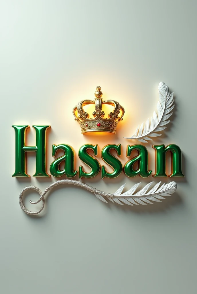A 3d render of the word "Hassan" in a green and gold metallic font with a golden British crown above and a white feather , with a light shine behind the word, and a silver swirl underneath. The background is a light gray.
