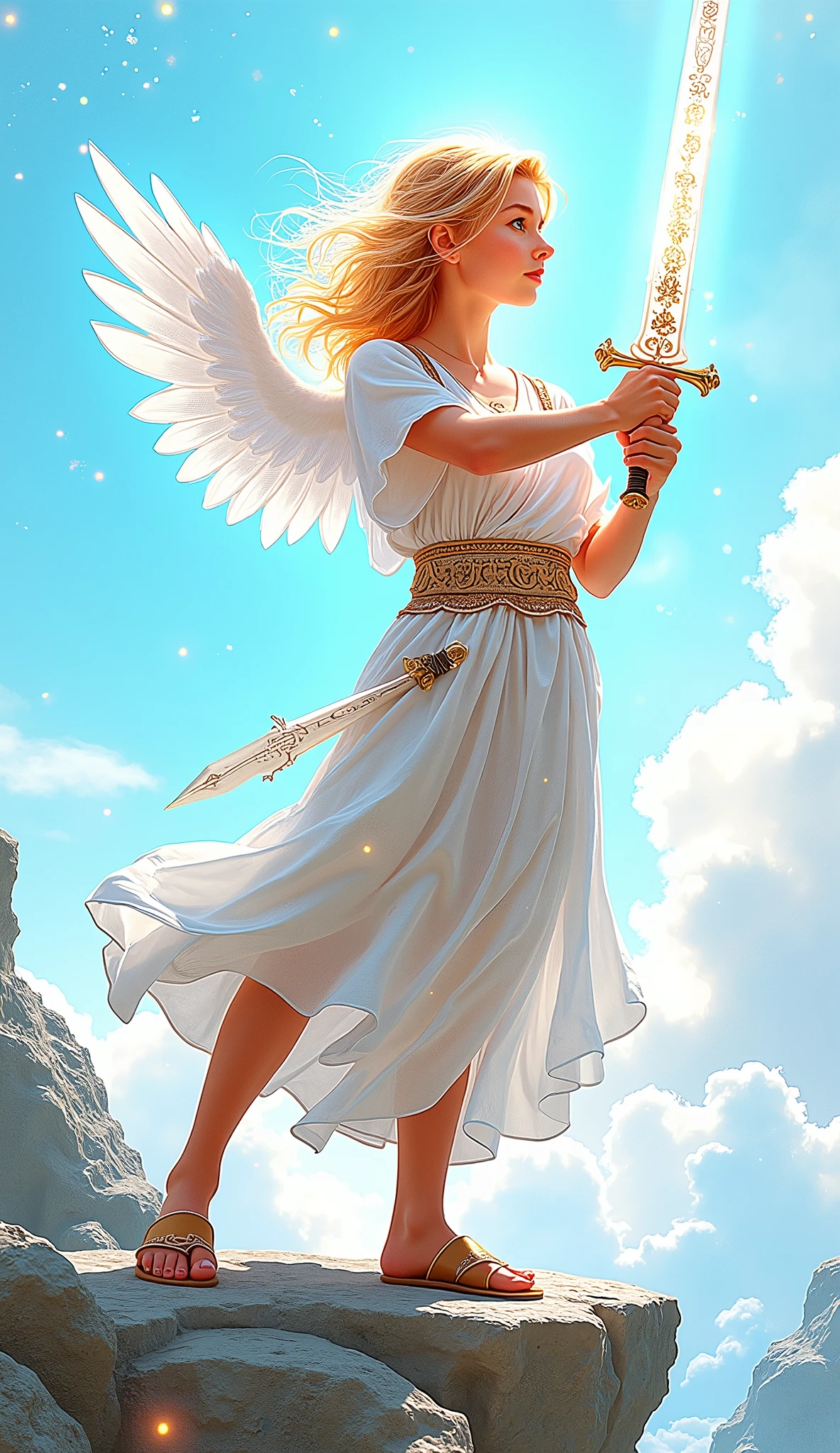 Create a hyper-realistic, awe-inspiring image for the "Page of Lights" card in the Lumen Angelis deck, reimagining the traditional Page of Swords from the Rider-Waite tarot with a celestial, angelic twist that reflects the divine essence of the deck.

In the center of the scene stands a youthful angel, embodying the spirit of curiosity, vigilance, and the pursuit of truth. The angel has a radiant, almost androgynous beauty, with large, expressive eyes that glow with a soft, ethereal light, reflecting an inner determination and the thirst for knowledge. Their hair flows in waves of shimmering gold, catching the light and creating an aura of brilliance around their head, reminiscent of a halo but more dynamic and alive.

The angel's attire is both elegant and functional, consisting of a flowing, pure white tunic adorned with intricate celestial patterns woven in silver thread. The tunic is belted with a sash of light that seems to pulse with energy, and their feet are clad in sandals that barely touch the ground, giving the impression that the angel is floating just above the surface. The tunic’s fabric moves gently in an unseen breeze, adding to the sense of lightness and fluidity.

In one hand, the angel wields a long, slender sword made entirely of pure light. The sword is not a weapon of war but a symbol of clarity and truth, glowing with a piercing white light that illuminates the surrounding area. The blade is translucent, with intricate patterns of runes and symbols etched along its length, pulsating with a rhythmic energy that suggests a deep connection to the cosmos. The angel holds the sword aloft with confidence, pointing it slightly upward as if ready to cut through the darkness with the light of truth.

The background is a vast, starry sky, with nebulae and distant galaxies adding depth and majesty to the scene. The angel stands on a crystalline ledge overlooking an endless expanse, symbolizing the limitless potential of the mind and the uncharted territo