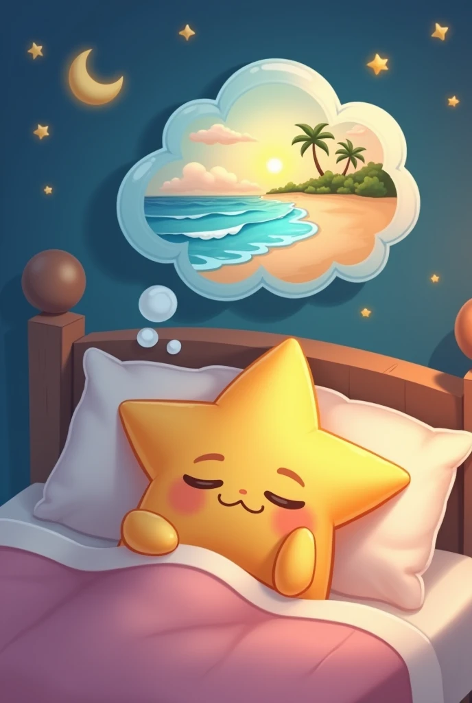 Create a cute star lying in bed sleeping with a little hand on your face , do with an angle from above,  with a dream balloon that has a beach landscape inside 