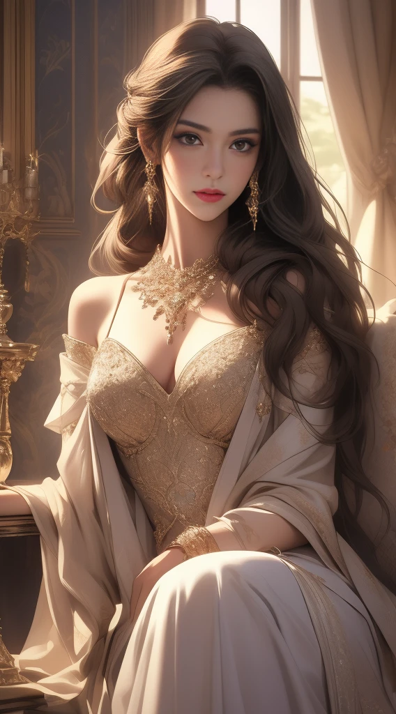 (Highest quality,8k,High resolution,masterpiece:1.2),Very detailed,(Realistic,Realistic,Photorealistic:1.37),Portraiture,Creative style artwork,historic,Classic,Sophisticated,Variety of colors,Very detailed,Soft lighting,Luxurious surroundings、,Bright flowers,Elaborate jewelry,Ethereal atmosphere,Elegant Pose,Graceful curves,Gold Body Proportion,Flowing Hair,Breathtaking textile patterns,Stern purple eyes,Delicate flower decorations,A stunning array of crystal accessories,Mysterious and dreamy atmosphere,Perfect attention to detail.The count's daughter and her lover look at each other and smile happily、lover、like、Sparkling