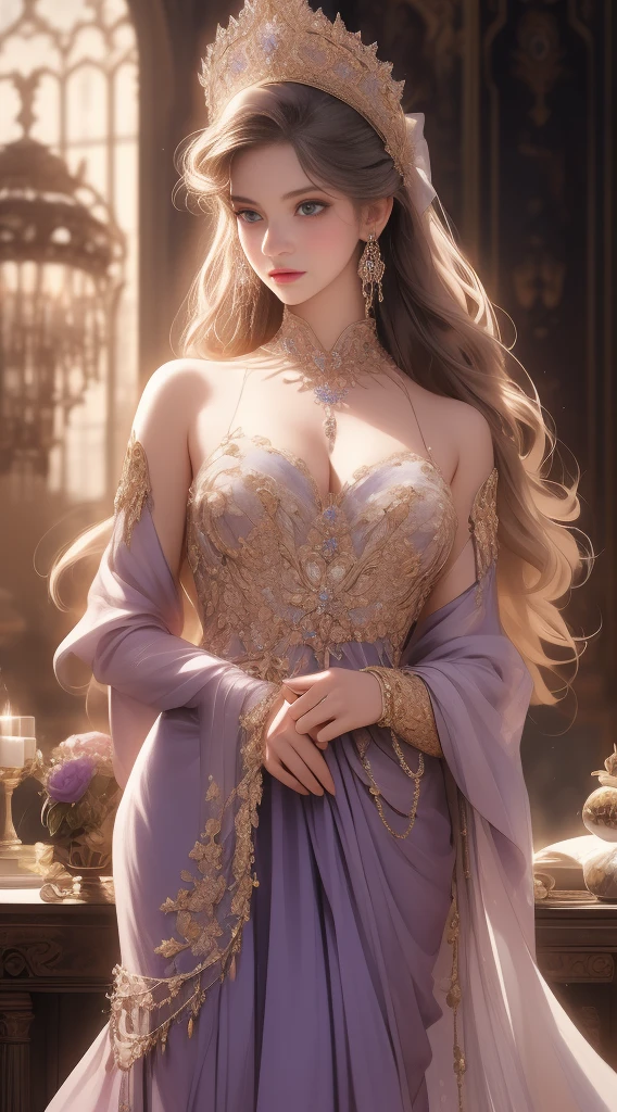 (Highest quality,8k,High resolution,masterpiece:1.2),Very detailed,(Realistic,Realistic,Photorealistic:1.37),Portraiture,Creative style artwork,historic,Classic,Sophisticated,Variety of colors,Very detailed,Soft lighting,Luxurious surroundings、,Bright flowers,Elaborate jewelry,Ethereal atmosphere,Elegant Pose,Graceful curves,Gold Body Proportion,Flowing Hair,Breathtaking textile patterns,Stern purple eyes,Delicate flower decorations,A stunning array of crystal accessories,Mysterious and dreamy atmosphere,Perfect attention to detail.The count's daughter and her lover look at each other and smile happily、lover、like、Sparkling
