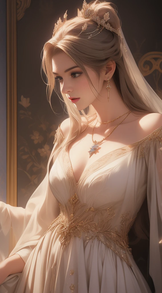 (Highest quality,8k,High resolution,masterpiece:1.2),Very detailed,(Realistic,Realistic,Photorealistic:1.37),Portraiture,Creative style artwork,historic,Classic,Sophisticated,Variety of colors,Very detailed,Soft lighting,Luxurious surroundings、,Bright flowers,Elaborate jewelry,Ethereal atmosphere,Elegant Pose,Graceful curves,Gold Body Proportion,Flowing Hair,Breathtaking textile patterns,Stern purple eyes,Delicate flower decorations,A stunning array of crystal accessories,Mysterious and dreamy atmosphere,Perfect attention to detail.The count's daughter and her lover look at each other and smile happily、lover、like、Sparkling