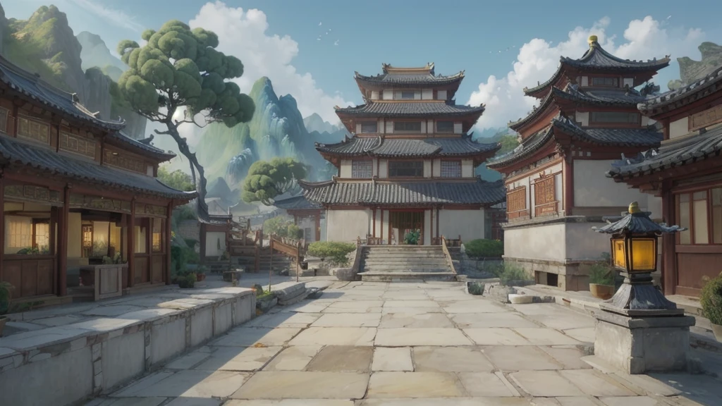 中国Ink画, masterpiece , best quality, Ink画,Guo Chao,Ink,(Xianxia scene,Fantasy fairyland scene,Pavilions,architecture具有东南亚特色,cloud雾缭绕:1.5),outdoor,Sky,daytime,cloud,Tree,Blue sky,nobody,window,plant,architecture,landscape,lantern,stairs,Potted plants,architecture,东亚architecture,landscape