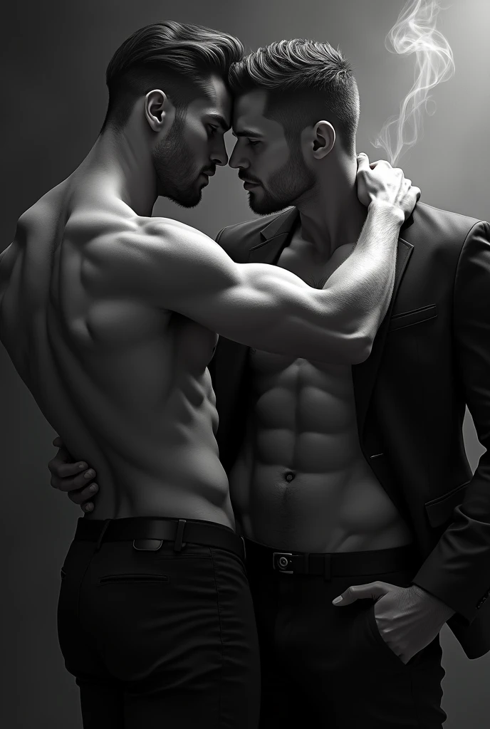 2 man! gay art! handsome Matt Anderson without clothes. Sensual shooting. pleasure. sweaty body . sex. Chest muscles! Chest hair! ((monochrome)), ((grayscale))wearing a suit and tie,tattoo. white hair Smoke, movie feeling!