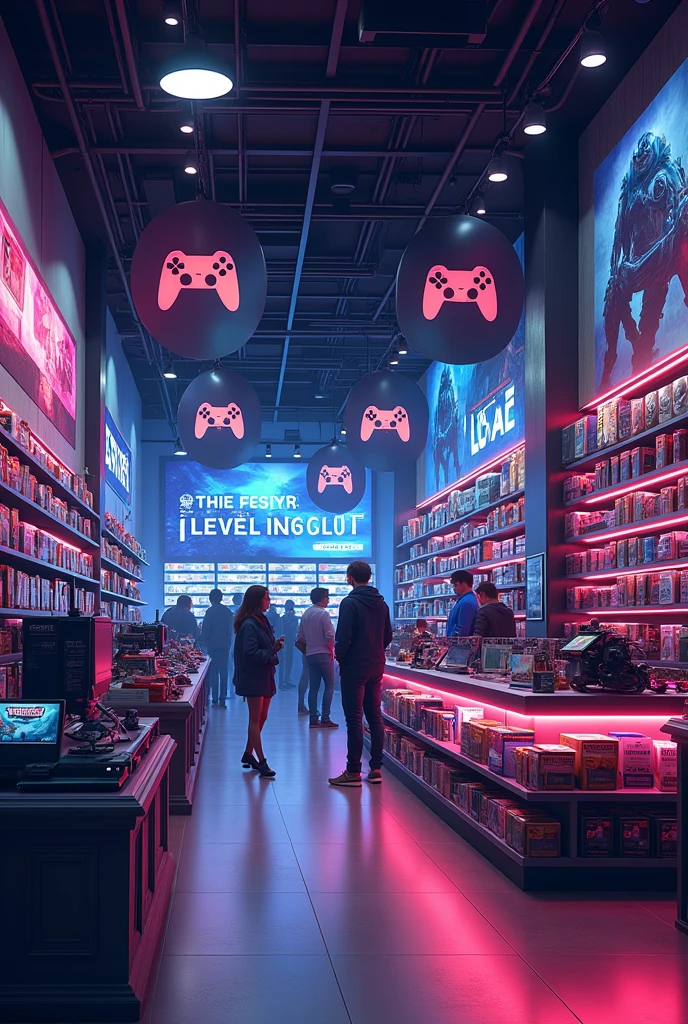 Create an image with video game controls with Text A *LEVEL UP STORE*  specializes in selling accessories and games for all types of gamers. Our commitment is to offer quality products!
